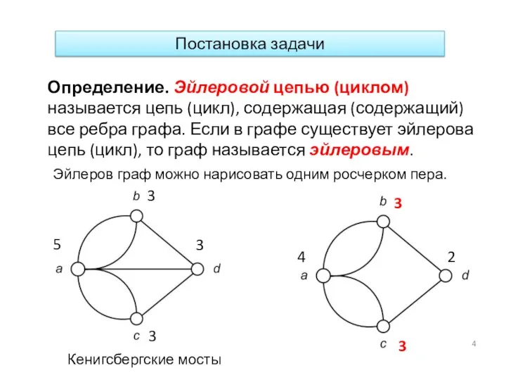 Определение. Эйлеровой цепью (циклом) называется цепь (цикл), содержащая (содержащий) все ребра