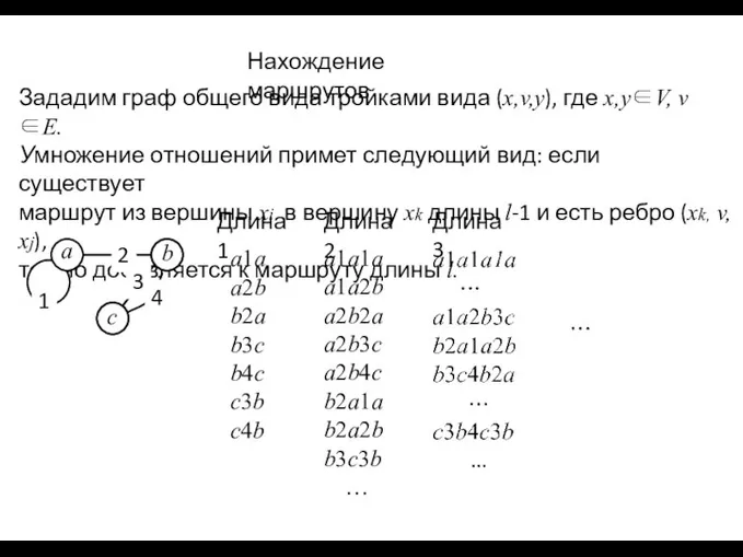 Нахождение маршрутов Зададим граф общего вида тройками вида (x,v,y), где x,y∈V,