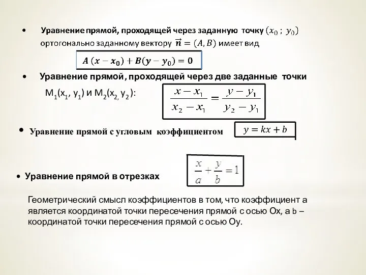 • Уравнение прямой, проходящей через две заданные точки M1(x1, y1) и