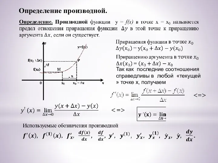 Определение производной. Так как последние соотношения cправедливы в любой «текущей » точке x, получаем