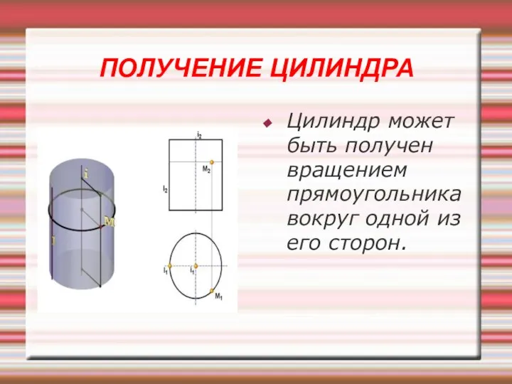 ПОЛУЧЕНИЕ ЦИЛИНДРА Цилиндр может быть получен вращением прямоугольника вокруг одной из его сторон.