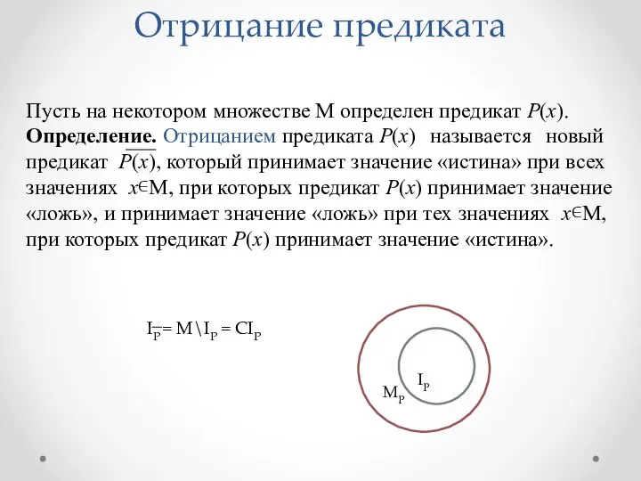 Пусть на некотором множестве М определен предикат Р(х). Определение. Отрицанием предиката