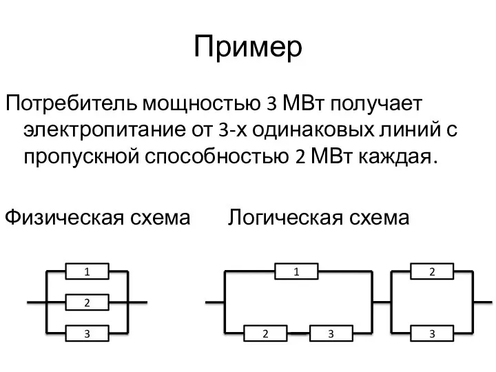 Пример Потребитель мощностью 3 МВт получает электропитание от 3-х одинаковых линий