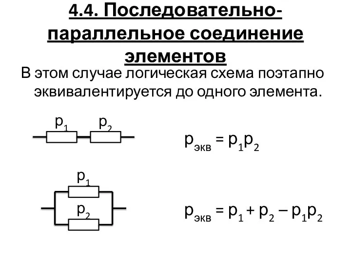 4.4. Последовательно-параллельное соединение элементов В этом случае логическая схема поэтапно эквивалентируется