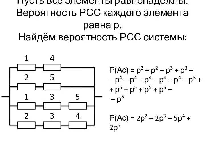 Пусть все элементы равнонадежны. Вероятность РСС каждого элемента равна р. Найдём