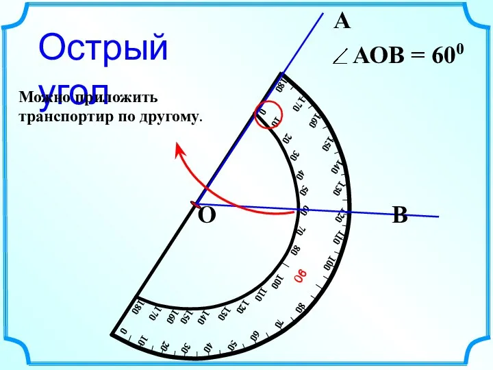 А В О Острый угол Можно приложить транспортир по другому.