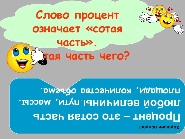 Слово процент означает «сотая часть». Сотая часть чего? Хороший вопрос! Процент