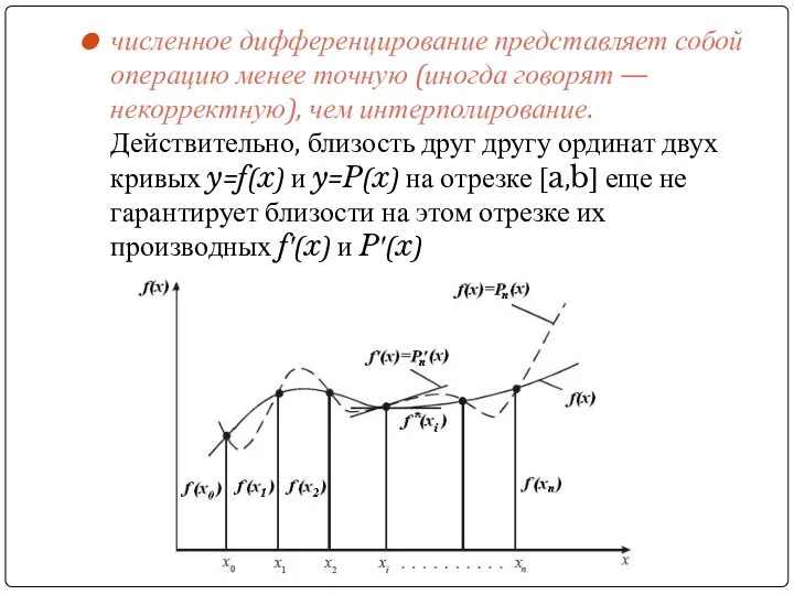 численное дифференцирование представляет собой операцию менее точную (иногда говорят — некорректную),