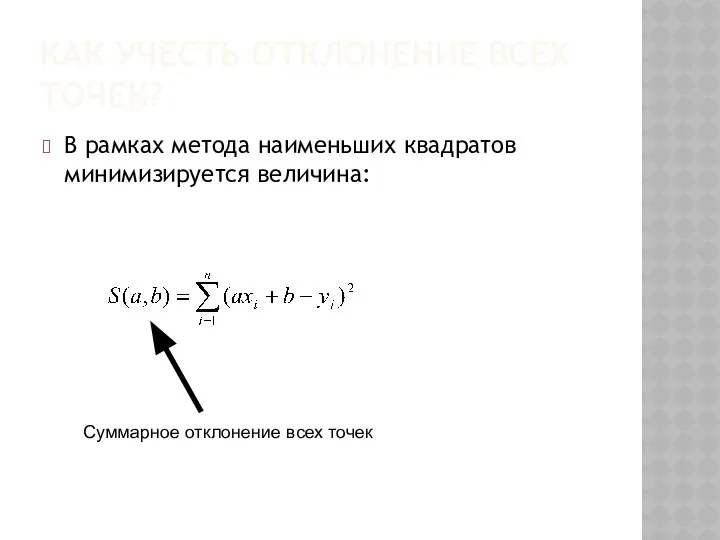 КАК УЧЕСТЬ ОТКЛОНЕНИЕ ВСЕХ ТОЧЕК? В рамках метода наименьших квадратов минимизируется величина: Суммарное отклонение всех точек