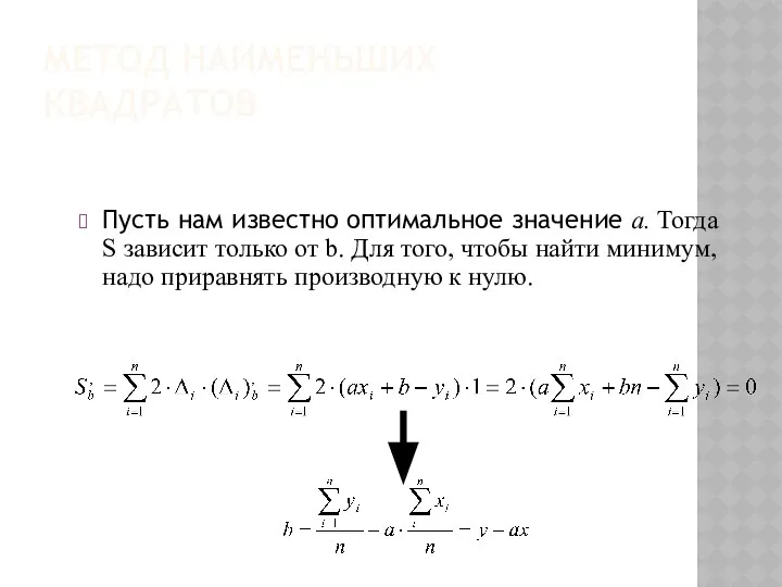 МЕТОД НАИМЕНЬШИХ КВАДРАТОВ Пусть нам известно оптимальное значение a. Тогда S