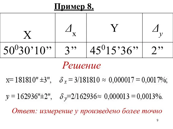 Пример 8. Решение Ответ: измерение y произведено более точно