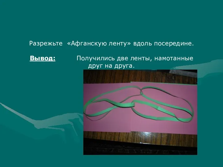 Разрежьте «Афганскую ленту» вдоль посередине. Вывод: Получились две ленты, намотанные друг на друга.