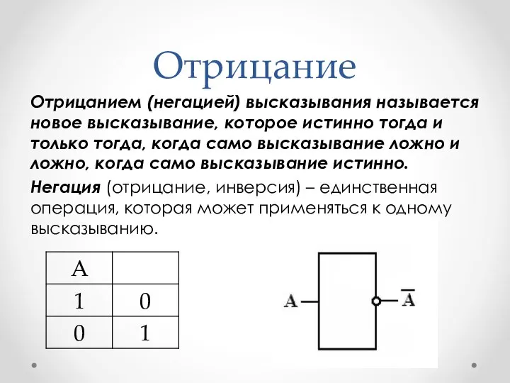 Отрицание Отрицанием (негацией) высказывания называется новое высказывание, которое истинно тогда и