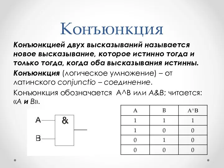 Конъюнкция Конъюнкцией двух высказываний называется новое высказывание, которое истинно тогда и