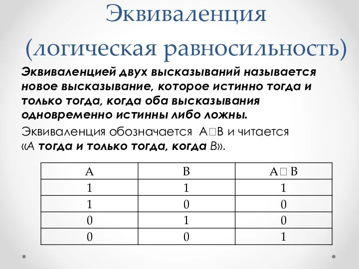 Эквиваленция (логическая равносильность) Эквиваленцией двух высказываний называется новое высказывание, которое истинно