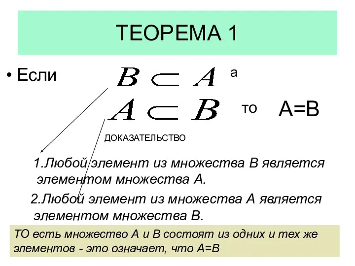 ТЕОРЕМА 1 Если а то А=В 1.Любой элемент из множества В