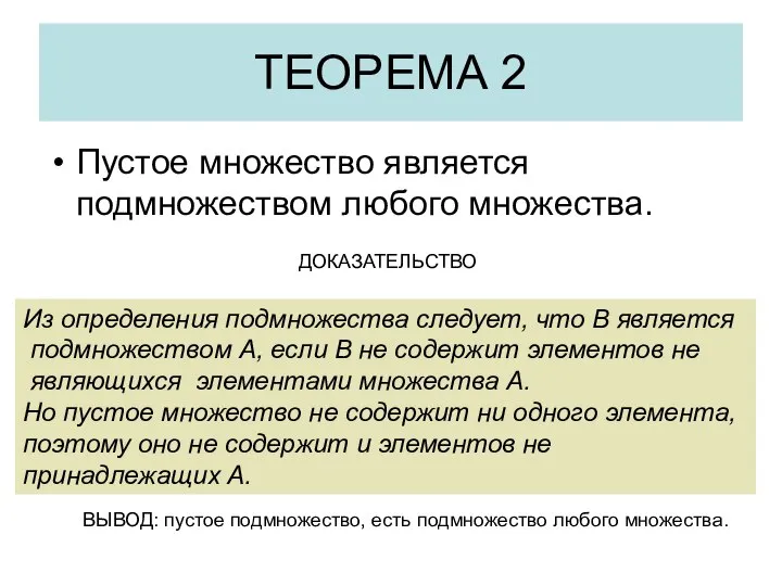 ТЕОРЕМА 2 Пустое множество является подмножеством любого множества. ДОКАЗАТЕЛЬСТВО Из определения