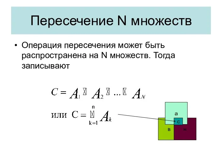 Пересечение N множеств Операция пересечения может быть распространена на N множеств.