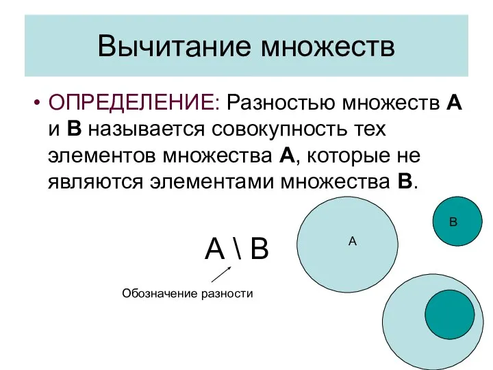 Вычитание множеств ОПРЕДЕЛЕНИЕ: Разностью множеств А и В называется совокупность тех