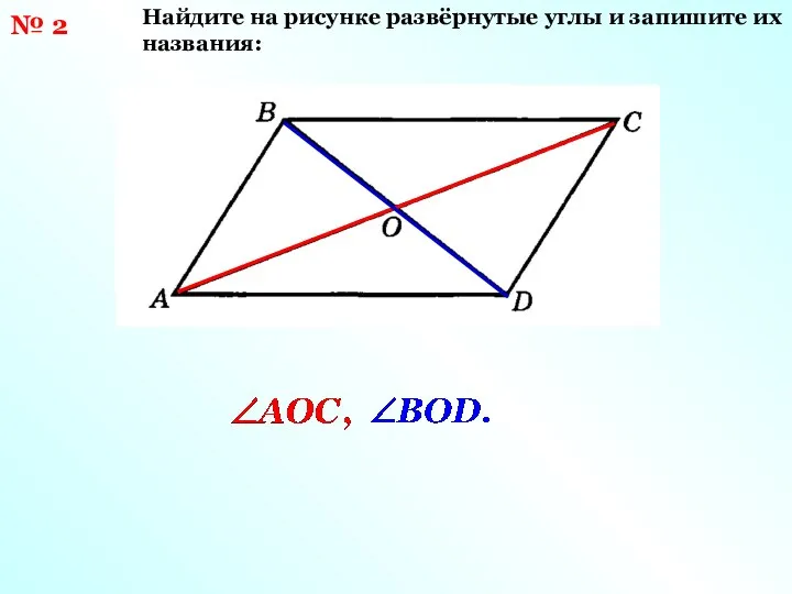 № 2 Найдите на рисунке развёрнутые углы и запишите их названия: