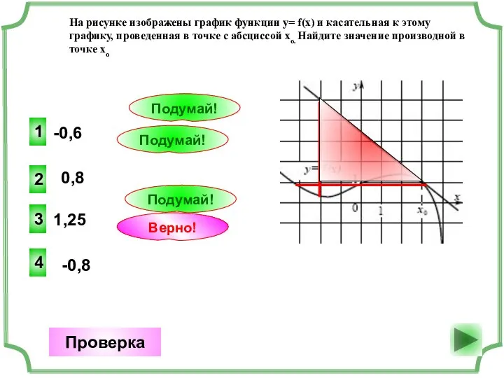 -0,6 4 Верно! Проверка 0,8 1 Подумай! 1,25 3 Подумай! -0,8