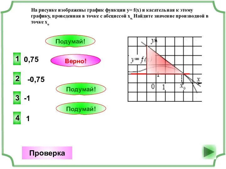 0,75 2 Верно! Проверка -0,75 1 Подумай! -1 3 Подумай! 1