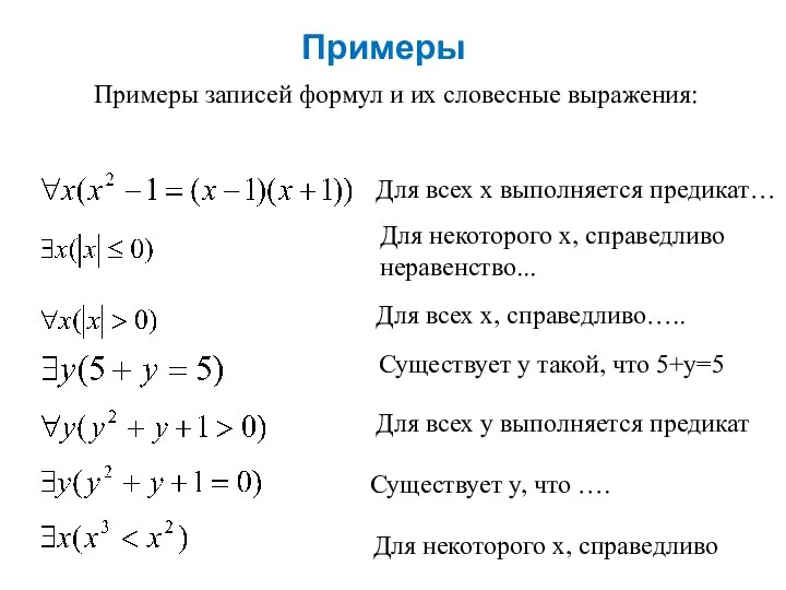 Примеры Примеры записей формул и их словесные выражения: Для всех х
