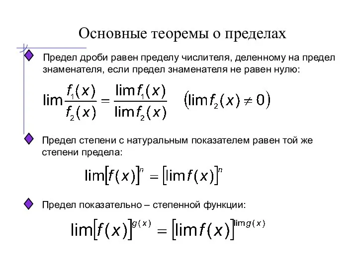Основные теоремы о пределах Предел дроби равен пределу числителя, деленному на