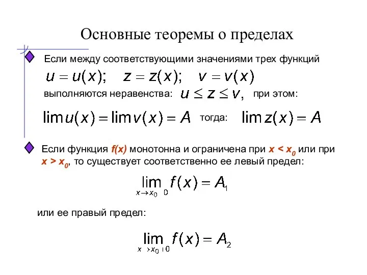 Основные теоремы о пределах Если между соответствующими значениями трех функций при