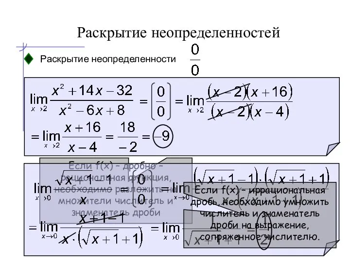 Раскрытие неопределенностей Раскрытие неопределенности Если f(x) – дробно – рациональная функция,