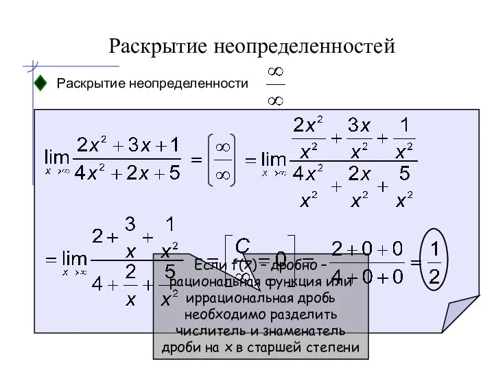 Раскрытие неопределенностей Раскрытие неопределенности Если f(x) – дробно – рациональная функция