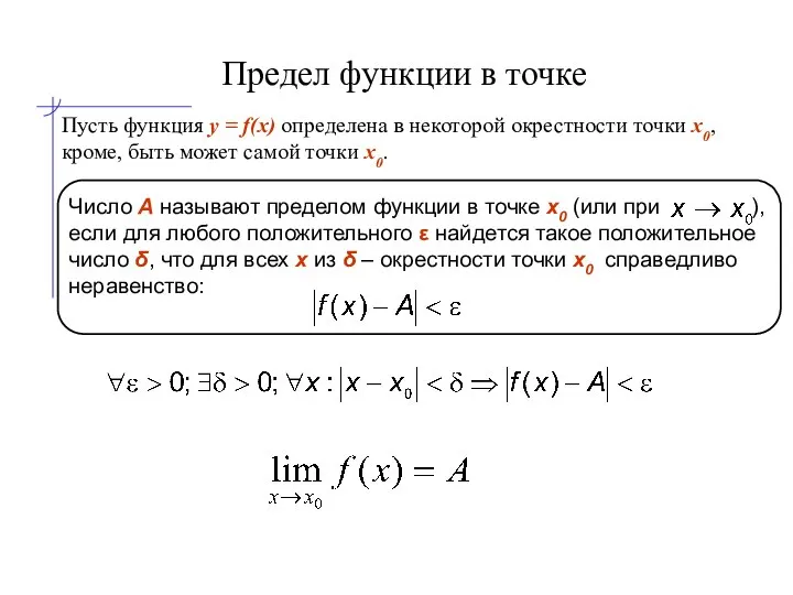 Предел функции в точке Пусть функция y = f(x) определена в