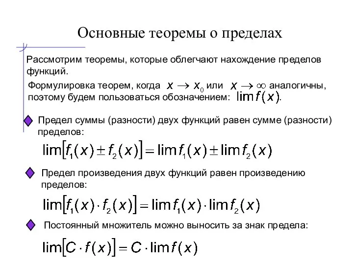 Основные теоремы о пределах Рассмотрим теоремы, которые облегчают нахождение пределов функций.