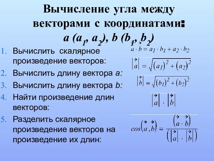 Вычисление угла между векторами с координатами: a (a1, a2), b (b1,