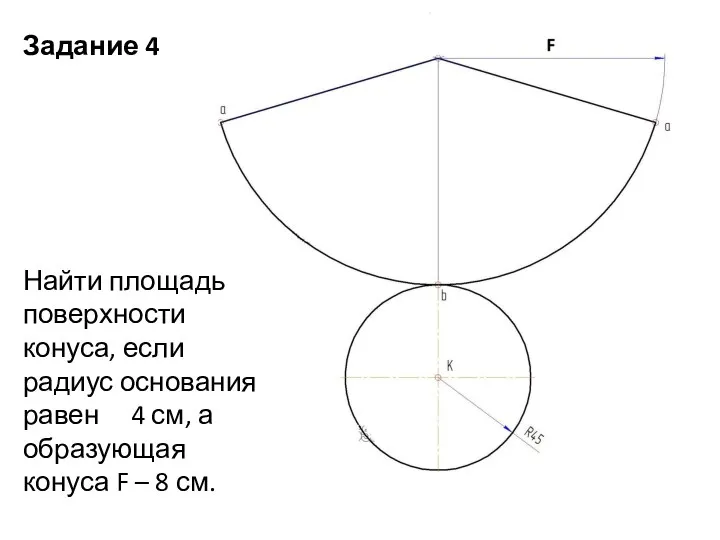 Задание 4 Найти площадь поверхности конуса, если радиус основания равен 4