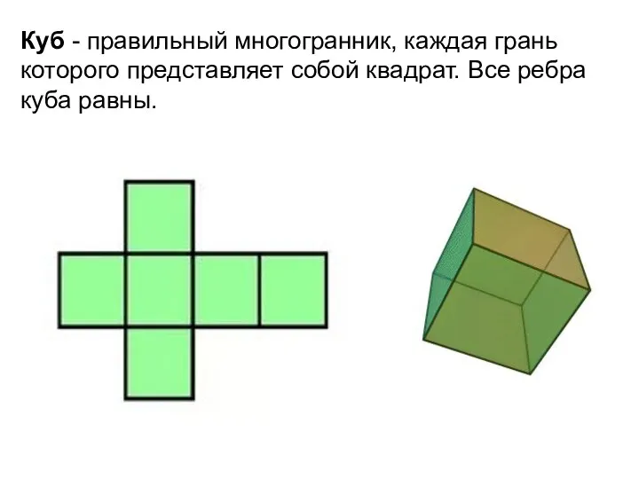 Куб - правильный многогранник, каждая грань которого представляет собой квадрат. Все ребра куба равны.