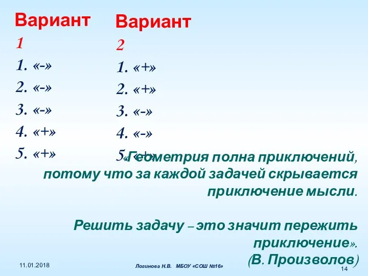 Вариант 1 1. «-» 2. «-» 3. «-» 4. «+» 5.