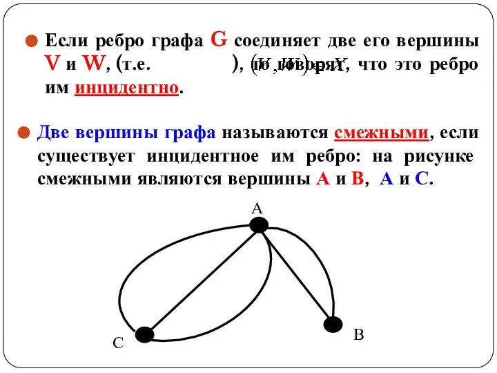 Две вершины графа называются смежными, если существует инцидентное им ребро: на