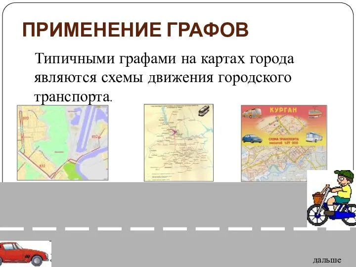 ПРИМЕНЕНИЕ ГРАФОВ Типичными графами на картах города являются схемы движения городского транспорта. дальше