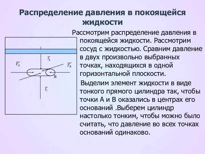 Распределение давления в покоящейся жидкости Рассмотрим распределение давления в покоящейся жидкости.