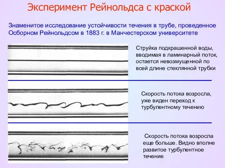 Эксперимент Рейнольдса с краской Знаменитое исследование устойчивости течения в трубе, проведенное