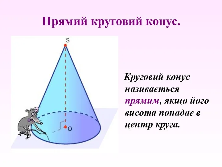 Прямий круговий конус. Круговий конус називається прямим, якщо його висота попадає в центр круга.