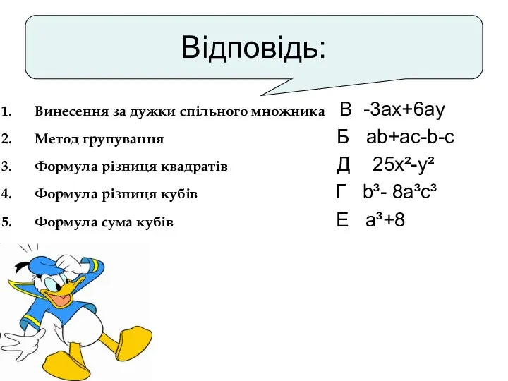 Відповідь: Винесення за дужки спільного множника В -3ax+6ay Метод групування Б