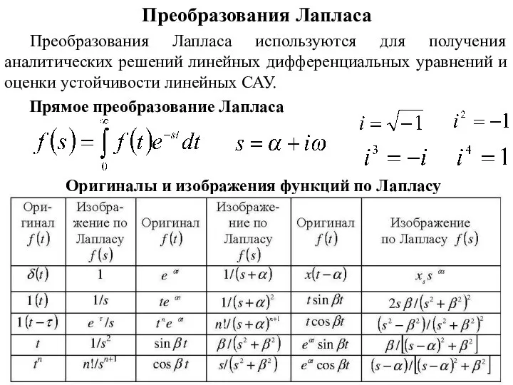 Преобразования Лапласа Прямое преобразование Лапласа Преобразования Лапласа используются для получения аналитических