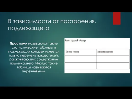 В зависимости от построения, подлежащего Простыми называются такие статистические таблицы, в