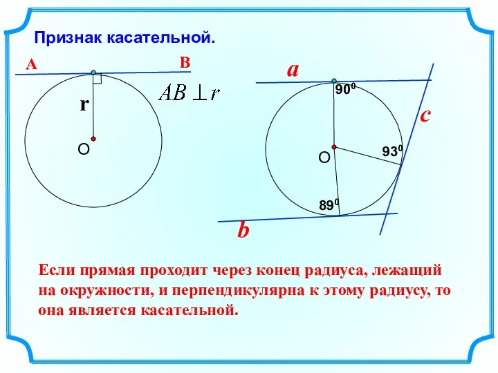 Признак касательной. О r Если прямая проходит через конец радиуса, лежащий