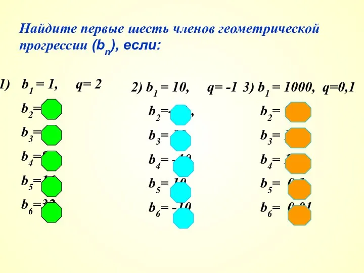 Найдите первые шесть членов геометрической прогрессии (bn), если: b1 = 1,