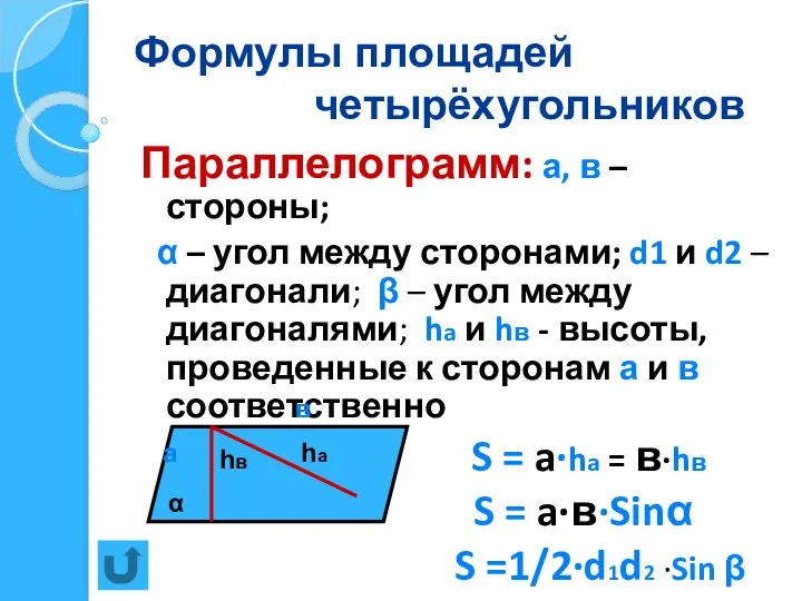 Формулы площадей четырёхугольников Параллелограмм: а, в – стороны; α – угол