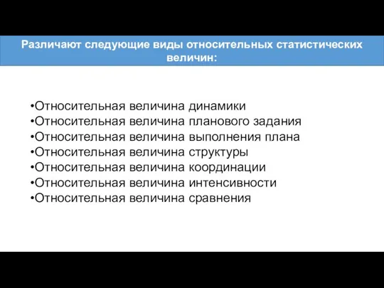 Относительная величина динамики Относительная величина планового задания Относительная величина выполнения плана