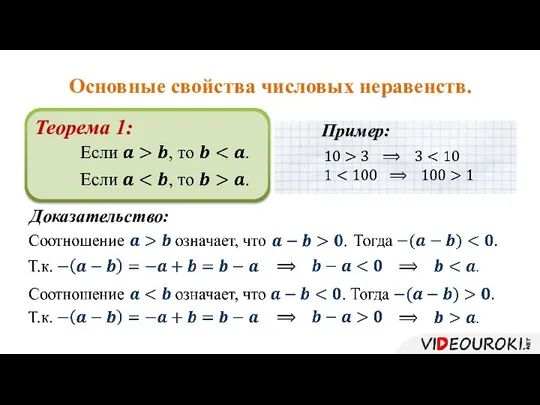 Основные свойства числовых неравенств. Теорема 1: Доказательство: Пример: